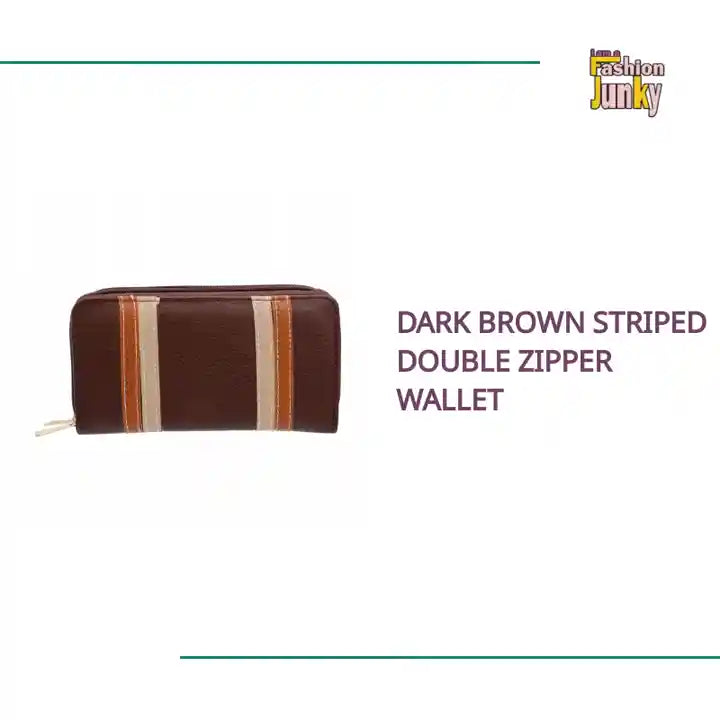 Dark Brown Striped Double Zipper Wallet by@Outfy