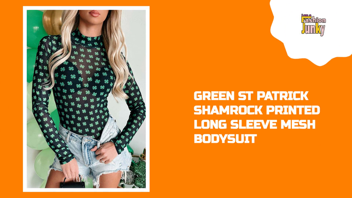 Green St Patrick Shamrock Printed Long Sleeve Mesh Bodysuit by@Outfy