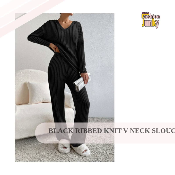Black Ribbed Knit V Neck Slouchy Two-piece Outfit by@Outfy