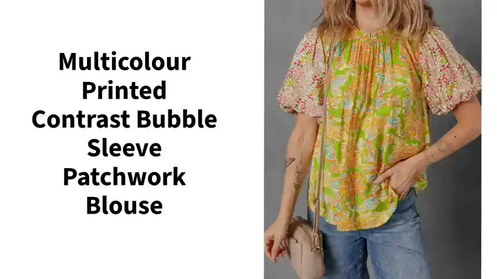 Multicolour Printed Contrast Bubble Sleeve Patchwork Blouse by@Outfy