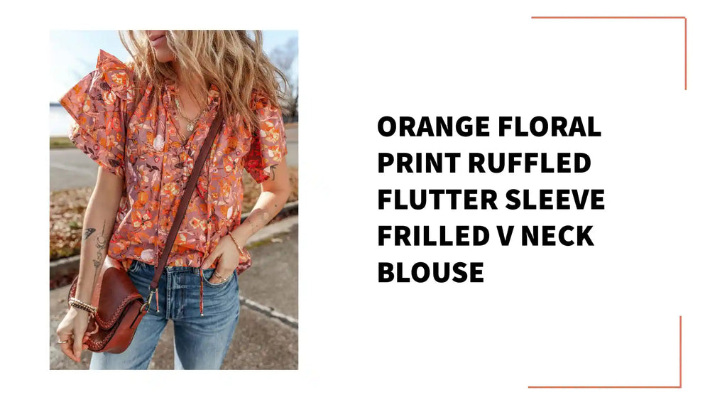 Orange Floral Print Ruffled Flutter Sleeve Frilled V Neck Blouse by@Outfy
