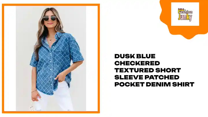 Dusk Blue Checkered Textured Short Sleeve Patched Pocket Denim Shirt by@Outfy