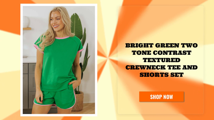 Bright Green Two Tone Contrast Textured Crewneck Tee and Shorts Set by@Outfy