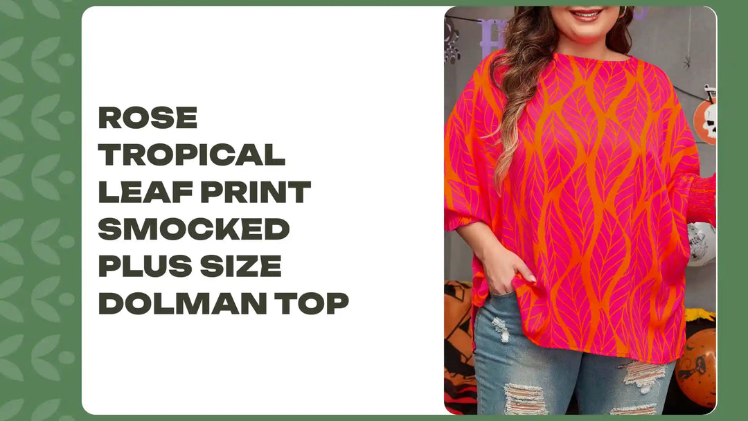 Rose Tropical Leaf Print Smocked Plus Size Dolman Top by@Outfy