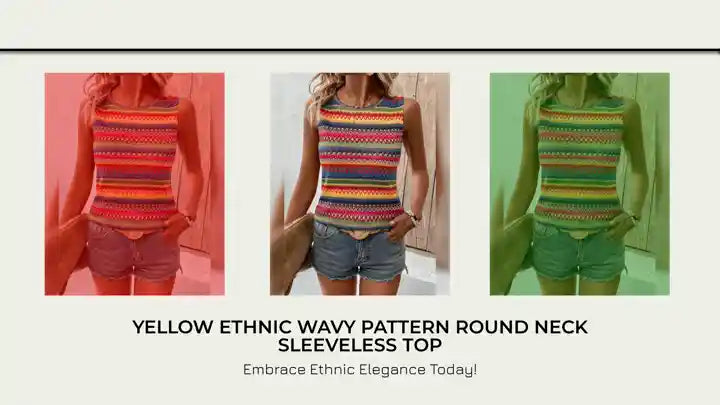 Yellow Ethnic Wavy Pattern Round Neck Sleeveless Top by@Outfy