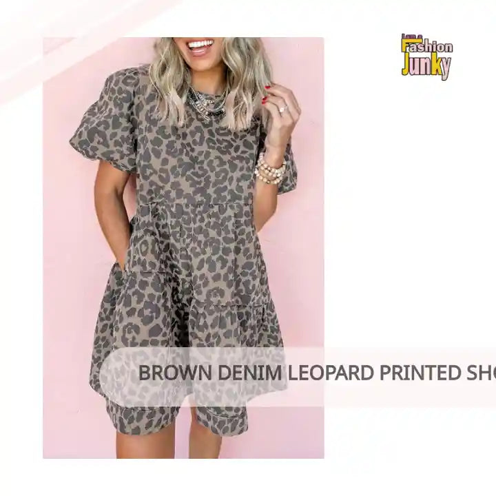 Brown Denim Leopard Printed Short Puff Sleeve Mini Dress by@Outfy