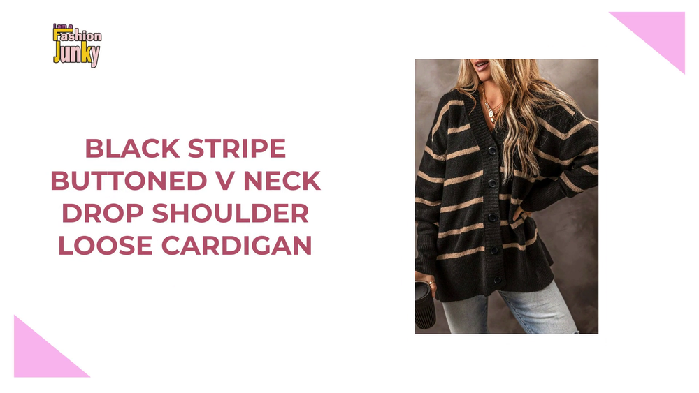 Black Stripe Buttoned V Neck Drop Shoulder Loose Cardigan by@Outfy