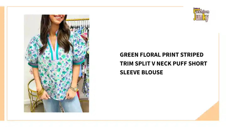 Green Floral Print Striped Trim Split V Neck Puff Short Sleeve Blouse by@Outfy