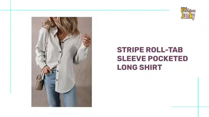 Stripe Roll-tab Sleeve Pocketed Long Shirt by@Outfy