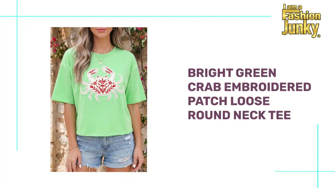 Bright Green Crab Embroidered Patch Loose Round Neck Tee by@Outfy