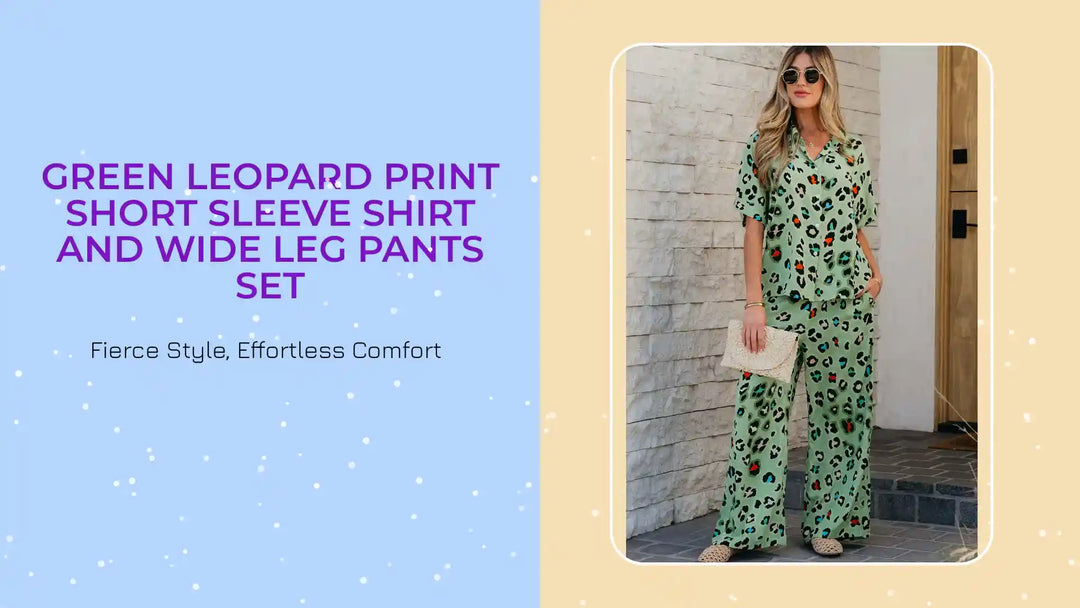 Green Leopard Print Short Sleeve Shirt and Wide Leg Pants Set by@Outfy