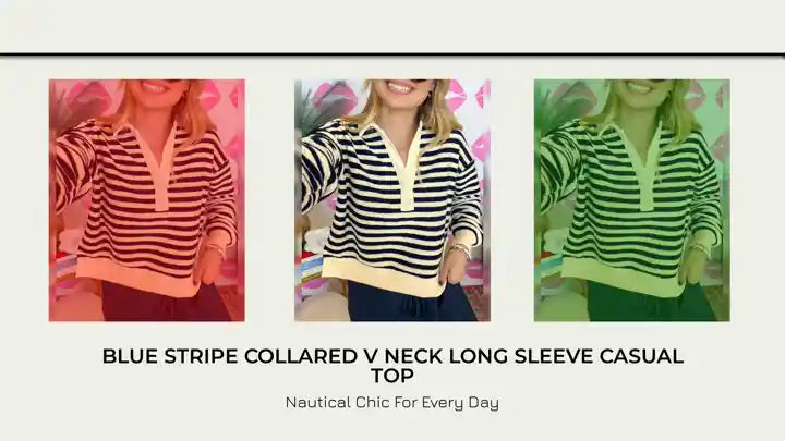 Blue Stripe Collared V Neck Long Sleeve Casual Top by@Outfy