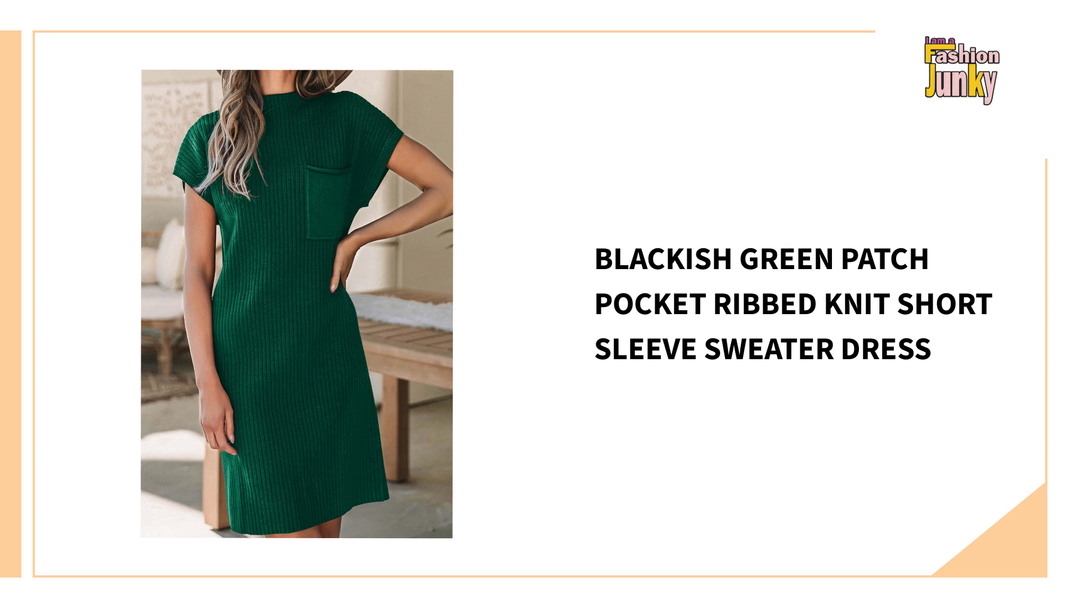 Blackish Green Patch Pocket Ribbed Knit Short Sleeve Sweater Dress by@Outfy