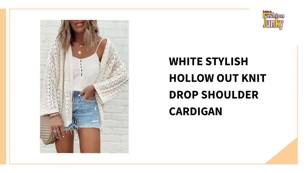 White Stylish Hollow Out Knit Drop Shoulder Cardigan by@Outfy