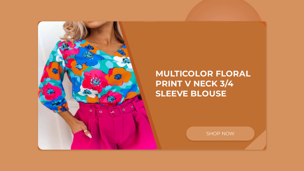 Multicolor Floral Print V Neck 3/4 Sleeve Blouse by@Outfy