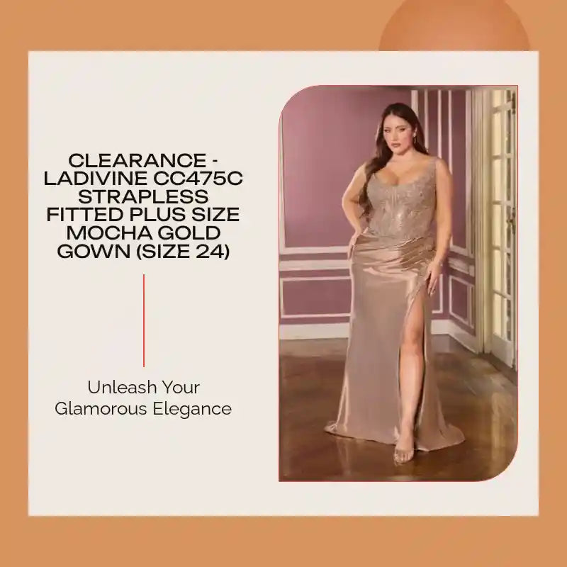 CLEARANCE - Ladivine CC475C Strapless Fitted Plus Size Mocha Gold Gown (Size 24) by@Outfy