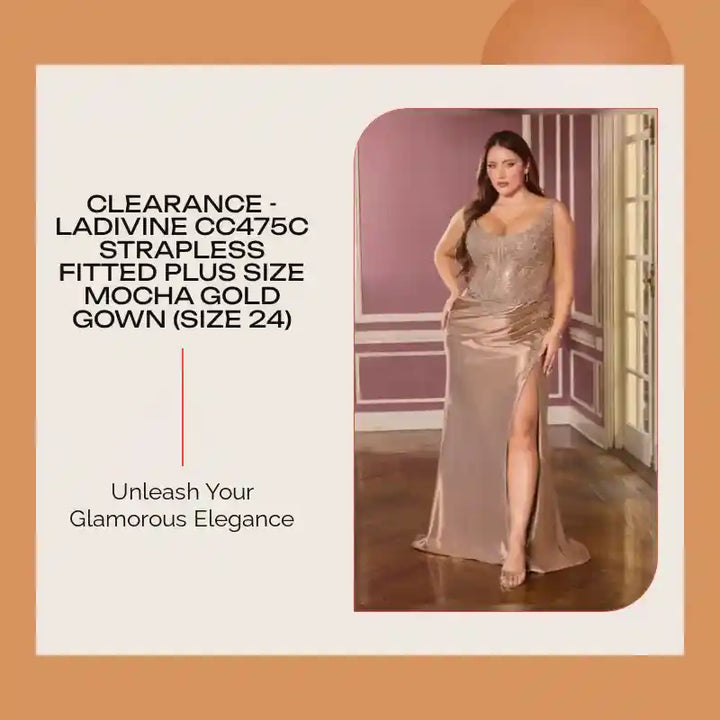 CLEARANCE - Ladivine CC475C Strapless Fitted Plus Size Mocha Gold Gown (Size 24) by@Outfy