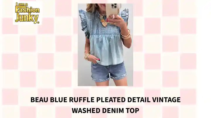 Beau Blue Ruffle Pleated Detail Vintage Washed Denim Top by@Outfy