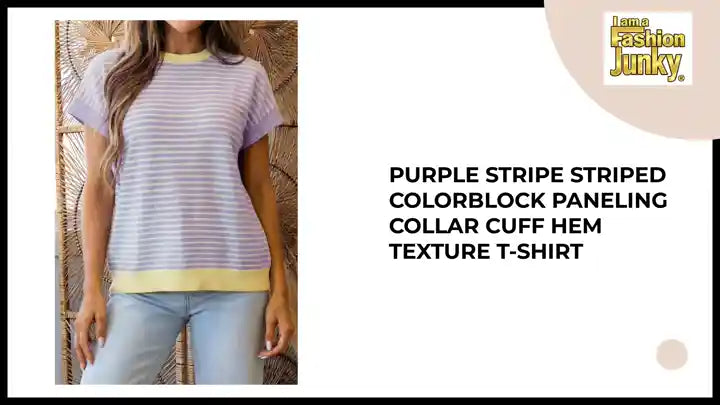 Purple Stripe Striped Colorblock Paneling Collar Cuff Hem Texture T-Shirt by@Outfy