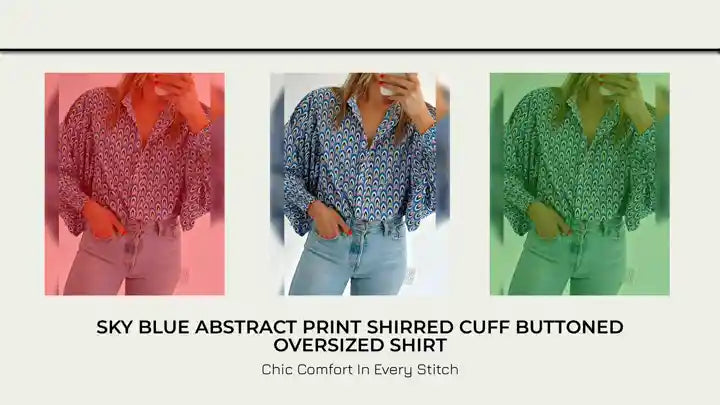 Sky Blue Abstract Print Shirred Cuff Buttoned Oversized Shirt by@Outfy