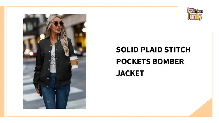 Solid Plaid Stitch Pockets Bomber Jacket by@Outfy