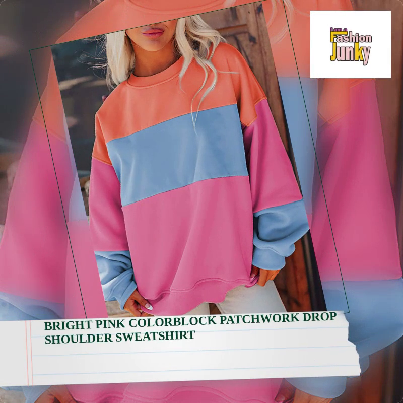 Bright Pink Colorblock Patchwork Drop Shoulder Sweatshirt by@Outfy