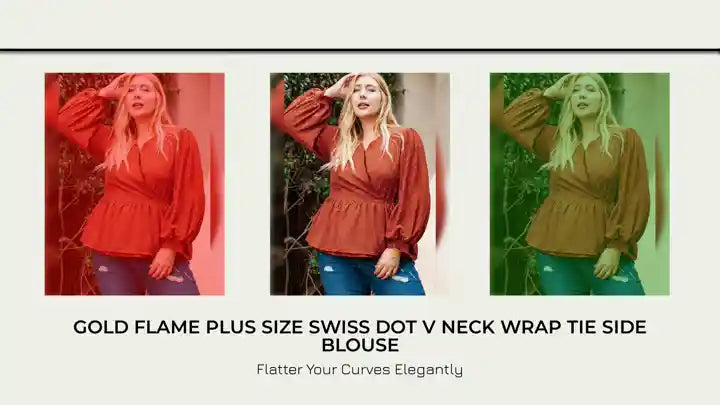 Gold Flame Plus Size Swiss Dot V Neck Wrap Tie Side Blouse by@Outfy