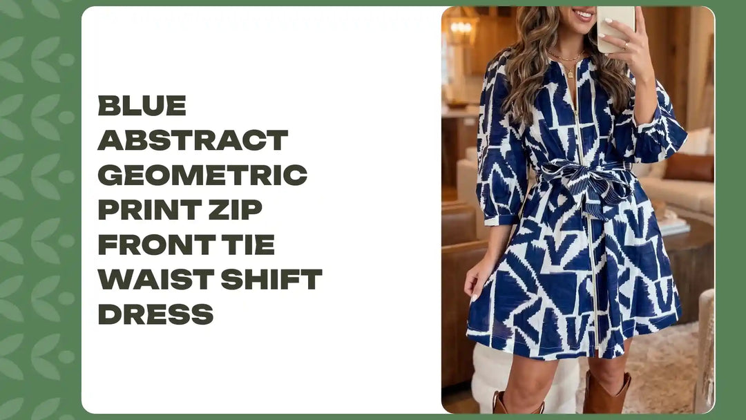 Blue Abstract Geometric Print Zip Front Tie Waist Shift Dress by@Outfy