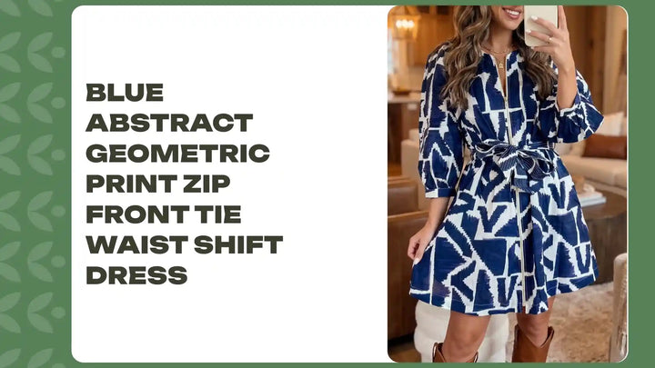 Blue Abstract Geometric Print Zip Front Tie Waist Shift Dress by@Outfy