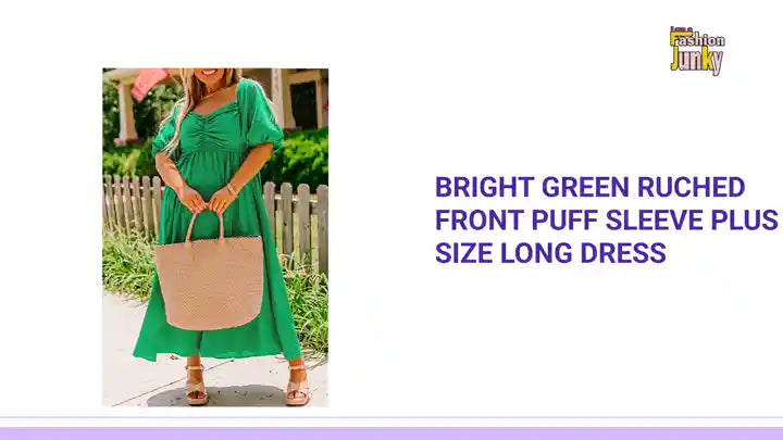 Bright Green Ruched Front Puff Sleeve Plus Size Long Dress by@Outfy