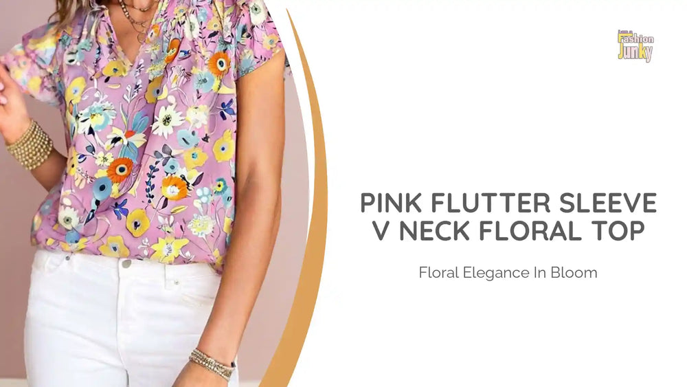 Pink Flutter Sleeve V Neck Floral Top by@Outfy