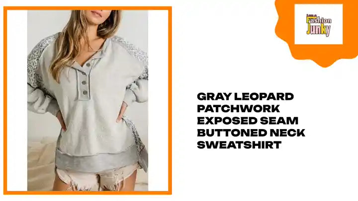 Gray Leopard Patchwork Exposed Seam Buttoned Neck Sweatshirt by@Outfy