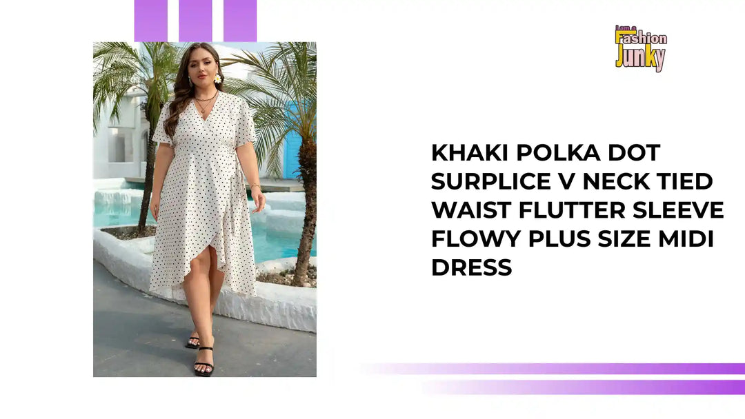 Khaki Polka Dot Surplice V Neck Tied Waist Flutter Sleeve Flowy Plus Size Midi Dress by@Outfy