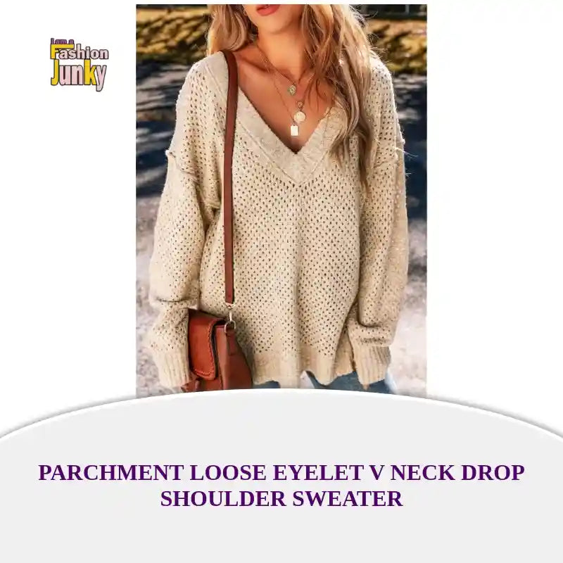 Parchment Loose Eyelet V Neck Drop Shoulder Sweater by@Outfy