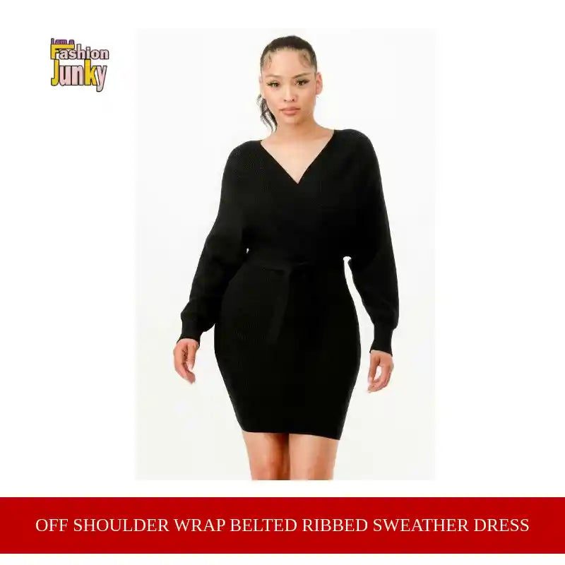 Off Shoulder Wrap Belted Ribbed Sweather Dress by@Outfy