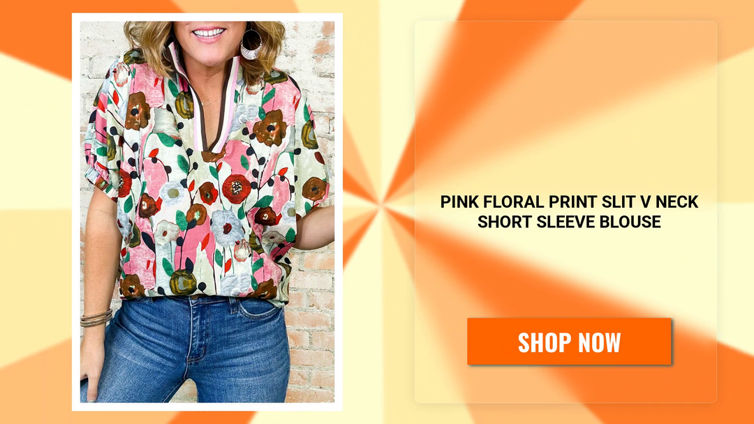 Pink Floral Print Slit V Neck Short Sleeve Blouse by@Outfy