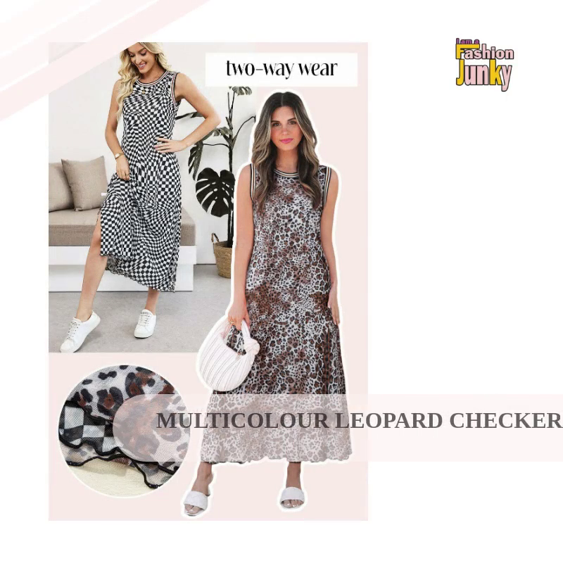 Multicolour Leopard Checkered Double Printed Reversible Sleeveless Long Dress by@Outfy