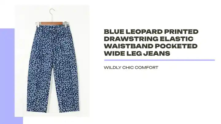 Blue Leopard Printed Drawstring Elastic Waistband Pocketed Wide Leg Jeans by@Outfy