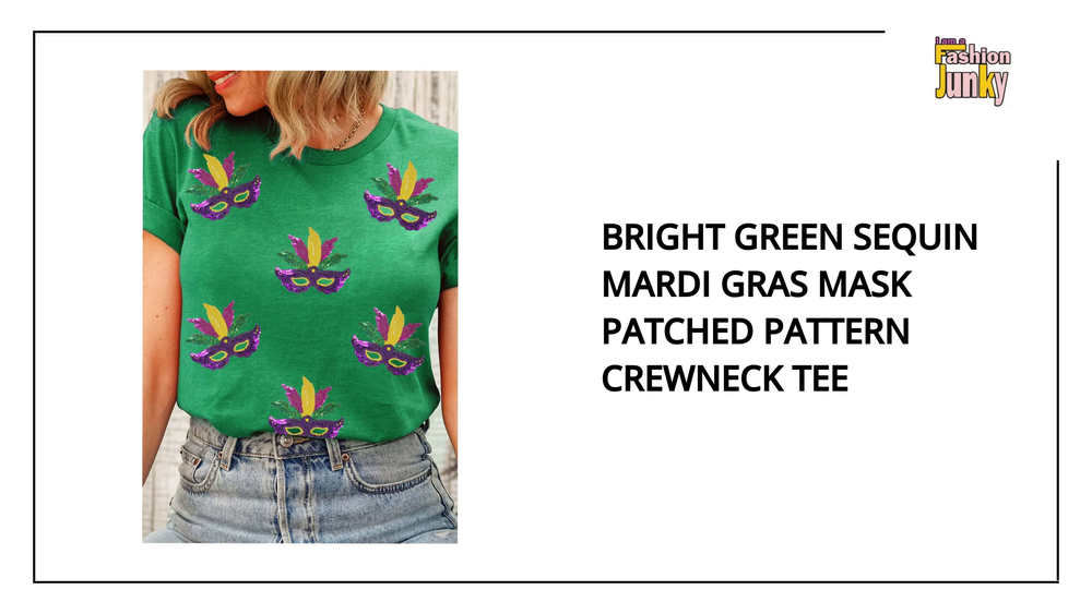 Bright Green Sequin Mardi Gras Mask Patched Pattern Crewneck Tee by@Outfy