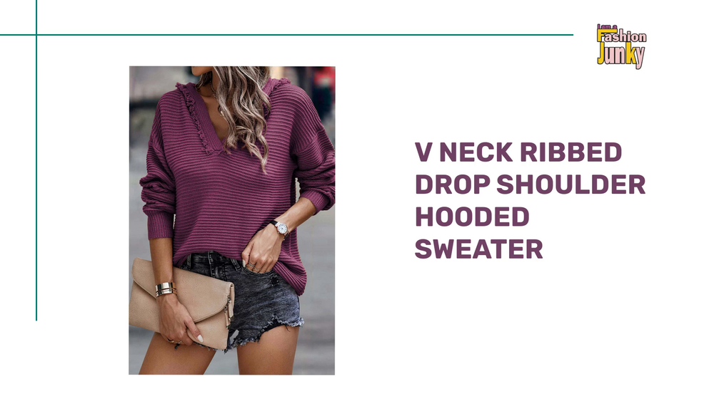 V Neck Ribbed Drop Shoulder Hooded Sweater by@Outfy