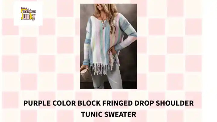 Purple Color Block Fringed Drop Shoulder Tunic Sweater by@Outfy