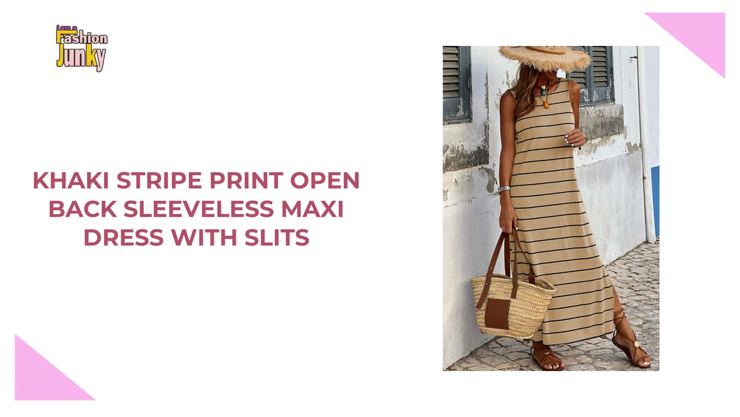 Khaki Stripe Print Open Back Sleeveless Maxi Dress with Slits by@Outfy