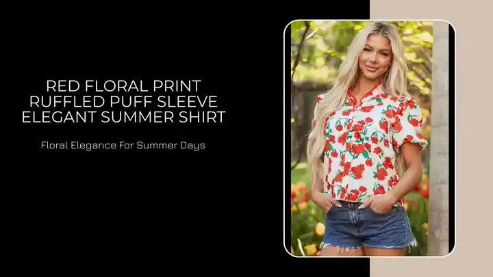 Red Floral Print Ruffled Puff Sleeve Elegant Summer Shirt by@Outfy