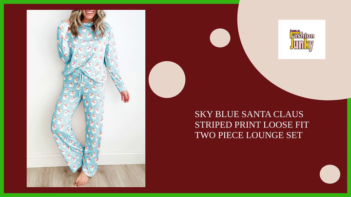 Sky Blue Santa Claus Striped Print Loose Fit Two Piece Lounge Set by@Outfy
