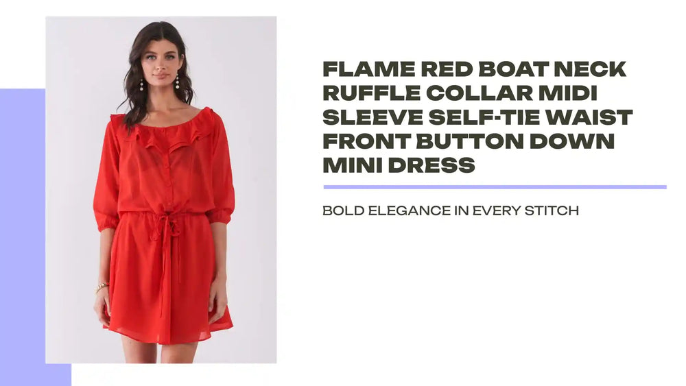 Flame Red Boat Neck Ruffle Collar Midi Sleeve Self-tie Waist Front Button Down Mini Dress by@Outfy