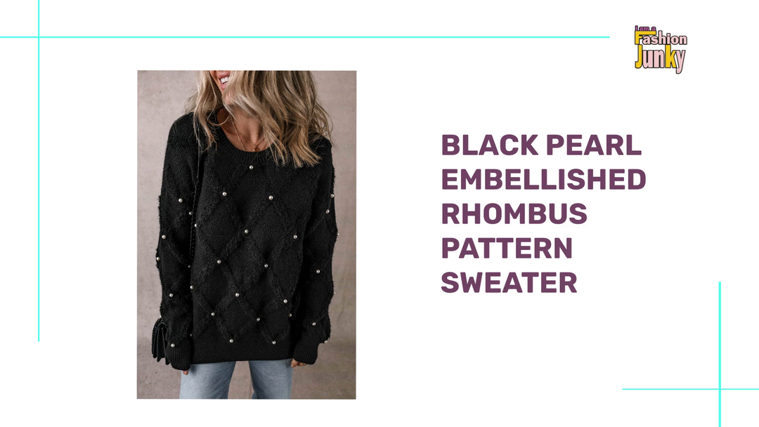 Black Pearl Embellished Rhombus Pattern Sweater by@Outfy