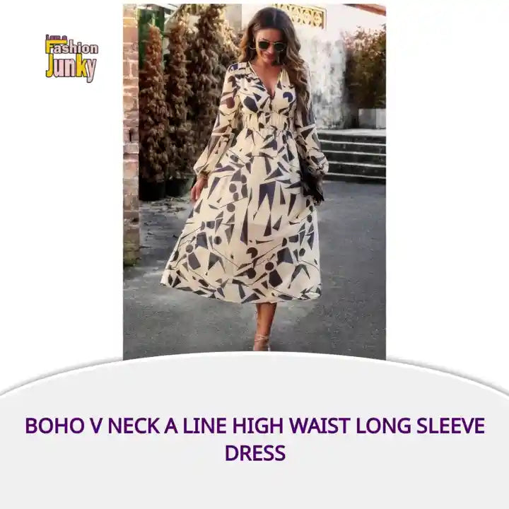 Boho V Neck A Line High Waist Long Sleeve Dress by@Outfy