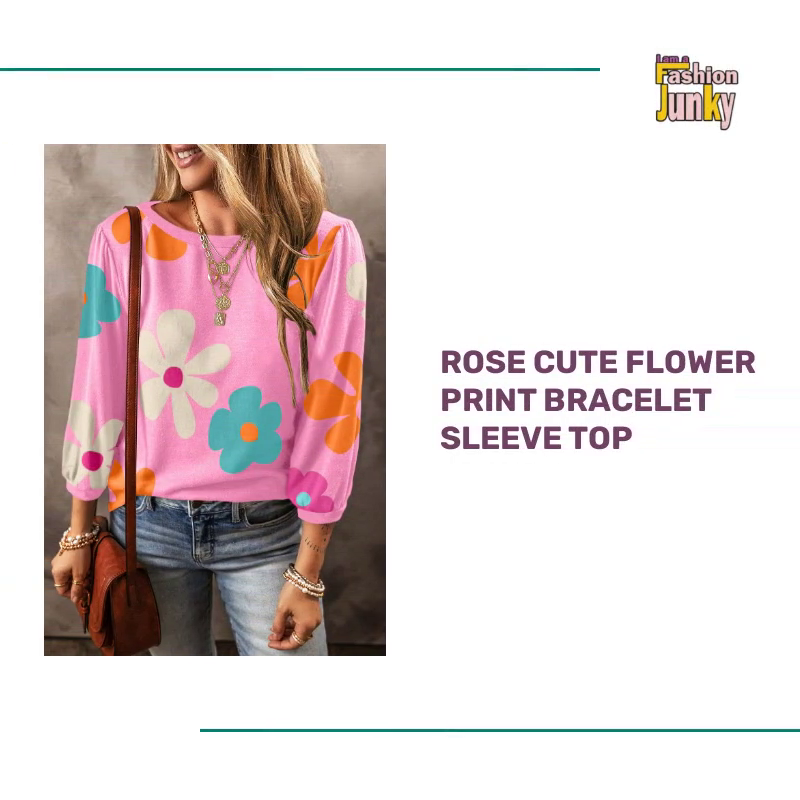 Rose Cute Flower Print Bracelet Sleeve Top by@Outfy