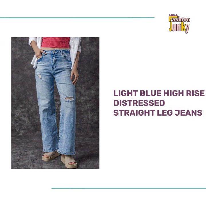 Light Blue High Rise Distressed Straight Leg Jeans by@Outfy
