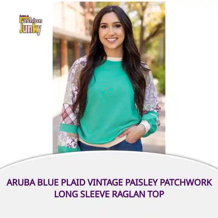 Aruba Blue Plaid Vintage Paisley Patchwork Long Sleeve Raglan Top by@Outfy